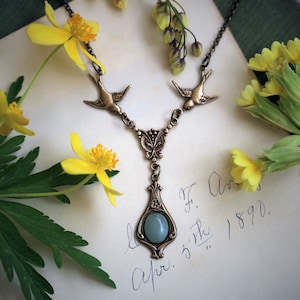 Elegant Victorian Green or Blue Stone Necklace with Birds in Antiqued Silver or Antiqued Brass Choose a Stone or Shell