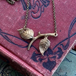 Rose Thorn and Leaf Branch Vintage Sytle Floral Pendant Necklace in Brass or Silver
