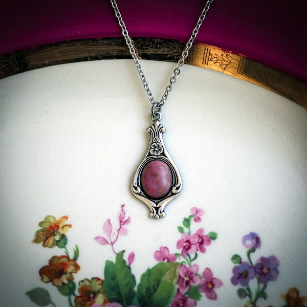 Rhodonite Stone in Silver Setting Pink Mineral Jewelry Collection
