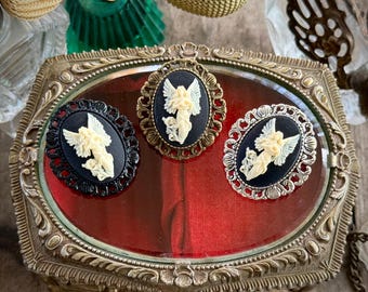 Angel Brooch in Antique Brass, Silver or Black. Vintage Inspired Cameo Pin that Converts to a Necklace.