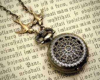 Filigree Watch Pendant Necklace in Antique Brass - Battery Operated
