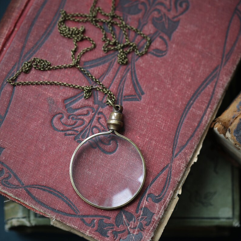 Magnifying Glass Pendant Necklace in Antique Brass or Silver Vintage Style image 8