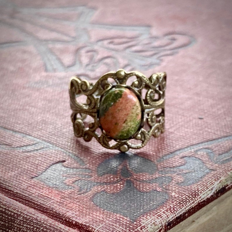 Unakite and Brass Stone Adjustable Filigree Ring orange and green 画像 1