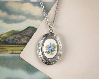 Locket Necklace with Vintage Rose Cabochon in Blue Pink or Yellow