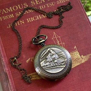 Mechanical Train Pocket Watch on Fob or Necklace Chain in Antiqued Brass image 4