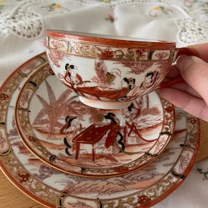 Japanese Porcelain Teacup Saucer and Dessert Plate, Old porcelain japanese porcelain, handpainted teacup Japan