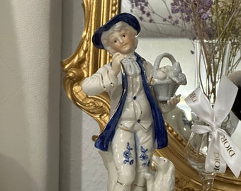 Vintage porcelain figurine, blue white statuette , vintage decor, man porcelain figurine, collectible figurine