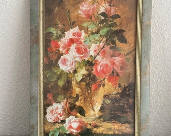 Vintage Framed Print, Vintage Framed Print &quot;Pink Roses&quot; by Frans Mortelmans , Frans Mortelmans vintage vase with roses