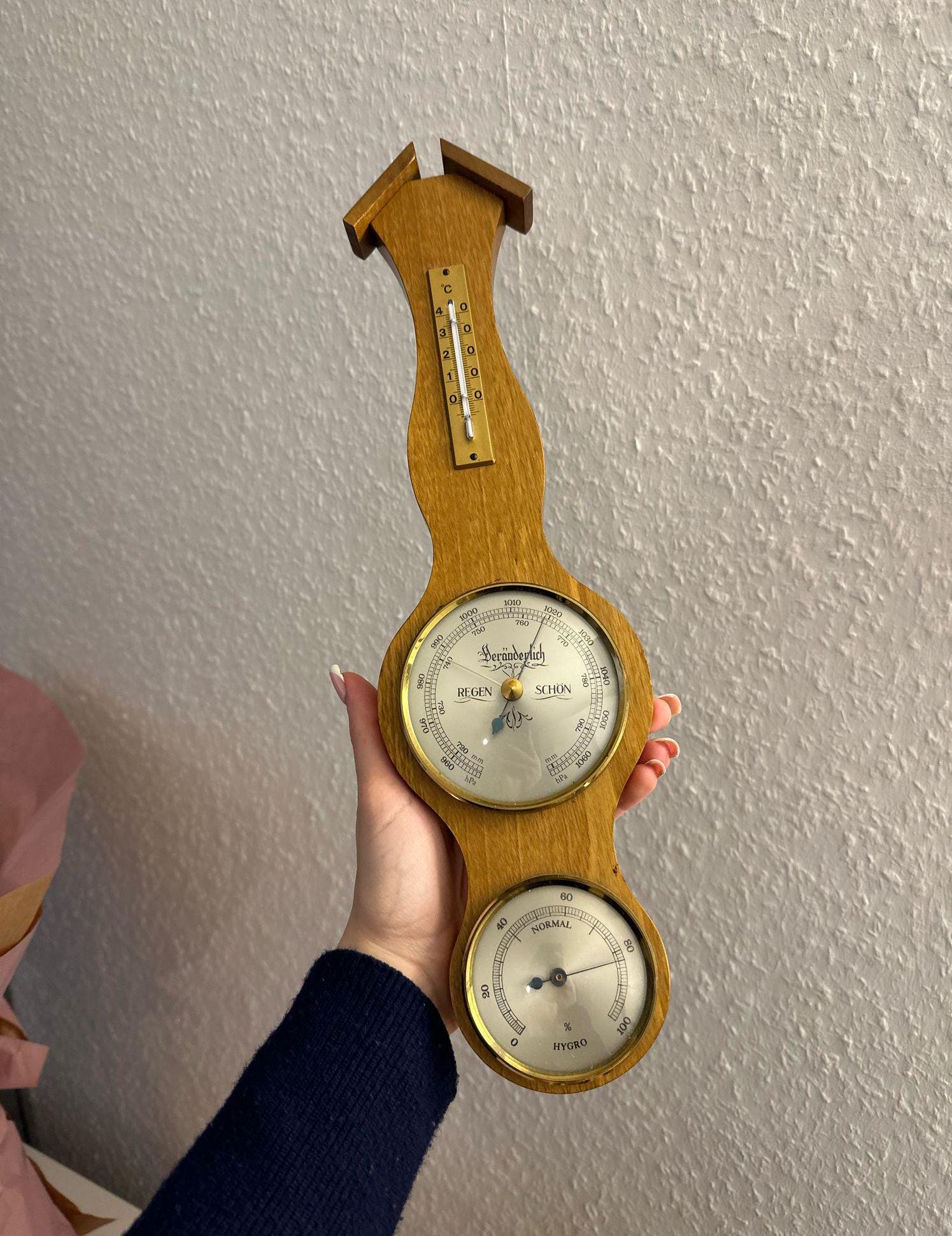 Vintage wood weather station, thermometer, barometer hygrometer, wooden weather station, vintage decor, made in germany