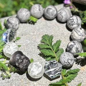 Pixiu Protection Bracelet | Silver Obsidian Map Jasper | Crackle Quartz Suncatcher Beads | Right Wrist Feng Shui Energy