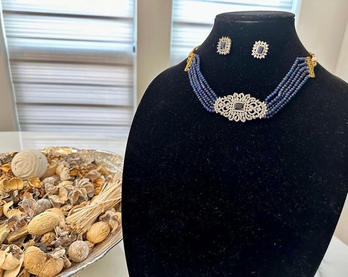 Sapphire Blue Diamond Necklace, American Diamond Necklace, Blue CZ Necklace