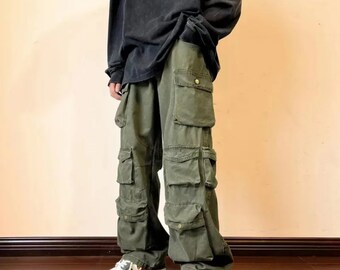 Cargo Multi Pocket Pants, Vintage Wide Leg Loose Bottoms, , Harajuku Urban Streetwear Pants, Casual Y2K Hip Hop Trousers