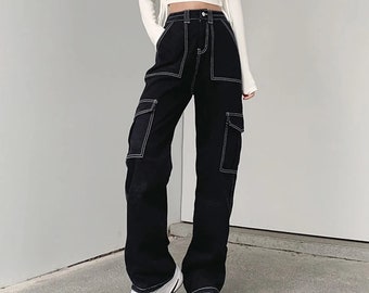 Jean en fil blanc décoré de l'an 2000, pantalon noir taille haute avec poches latérales, pantalon streetwear gothique urbain, bas cargo grunge harajuku