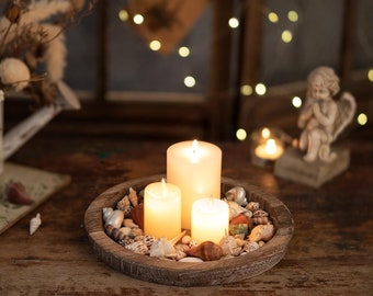 Houten kaarsenhouder: ronde decoratieve kaarsenplaat, houten theelichtzuil, voor Kerstmis, bruiloft, Halloween, woondecoratie