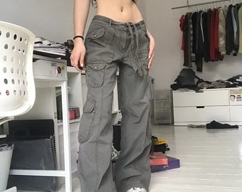 Pantalon cargo ample Y2K, Jean en denim avec poches latérales, Pantalon tactique de style rétro grunge, Bas de style coréen à taille mod