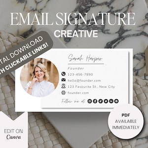 Könnte beinhalten: Eine weiße E-Mail-Signaturvorlage mit einem Schwarzweißfoto einer Frau, dem Text "Sarah Harper", "Gründerin", "123-456-7890", "hello@founder.com", "123 Favourite St., New City", "founder.com" und "Folge mir auf" mit Symbolen für Instagram, Facebook, Twitter, TikTok, LinkedIn und Pinterest. Der Text "E-MAIL-SIGNATUR KREATIV" befindet sich oben im Bild. Der Text "DIGITALER DOWNLOAD MIT KLICKBAREN LINKS!" befindet sich in einem grauen Kasten oben links im Bild. Der Text "BEARBEITEN AUF Canva" befindet sich in einem grauen Kasten unten links im Bild. Der Text "PDF SOFORT VERFÜGBAR" befindet sich in einem grauen Kasten unten rechts im Bild.
