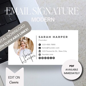 Può includere: Un modello di firma e-mail bianco e nero con un design moderno. Il modello include una foto di una donna, informazioni di contatto e icone dei social media. Il testo "EMAIL SIGNATURE MODERN" è in cima al modello. Il testo "DIGITAL DOWNLOAD WITH CLICKABLE LINKS!" è in un cerchio grigio in alto a sinistra del modello. Il testo "EDIT ON Canva" è in un cerchio bianco in basso a sinistra del modello. Il testo "PDF AVAILABLE IMMEDIATELY" è in un cerchio bianco in basso a destra del modello.