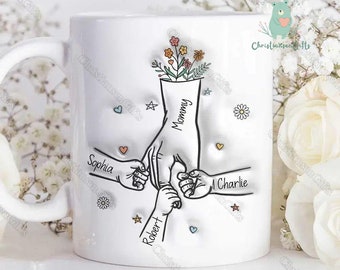 Taza de café personalizada con la mano para mamá, taza del día de la madre, regalo del día de la madre, taza impresa con efecto inflado 3D, regalo para mamá abuela
