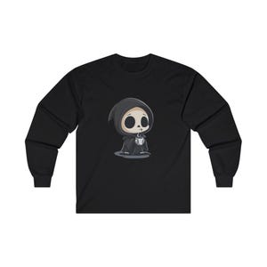 Grim Reaper Long Sleeve Tee, Halloween Graphic Shirt, Unisex Cotton Top, Gothic Skull Logo, Death Grimace Tee, Horror Reaper Shirt, Spooky