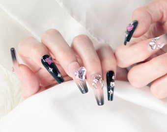 Y2K Uñas degradadas en negro y rosa, uñas personalizadas hechas a mano, prensa de fiesta en las uñas, uñas estilo y2k, Prensa en las uñas