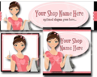 Premade Etsy Cover Photo - Large Etsy Banner - Etsy Shop Banner - SHOP ICON - Shop Profile - Pink Sewing Brunette Lady Crafter Crafts