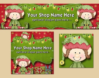 Premade Etsy Cover Photo - Large Etsy Banner - Etsy Shop Banner - Shop Profile - Cute Jolly Elves - Lights - Christmas Banner