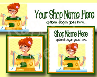Premade Etsy Cover Photo - Large Etsy Banner - Etsy Shop Banner - SHOP ICON - Shop Profile - Lady with Sewing Machine