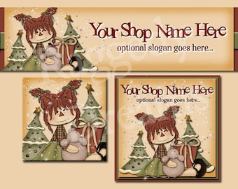 Premade Etsy Cover Photo  - Large Etsy Banner - Etsy Shop Banner - SHOP ICON - Christmas - Raggedy Annie - Christmas Trees