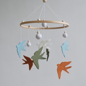 Felt Baby Mobile with Neutral Birds for Nursery Decor