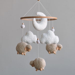 Sheep baby mobile, Counting sheep crib mobile, Neutral nursery mobile, Boucle cloud mobile, Lamb mobile,  Baby shower gift, Crib mobile