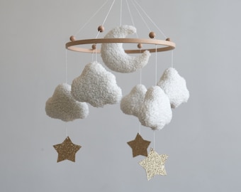 Boucle Cloud Baby Mobile, Moon and Stars Nursery Decor