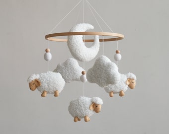 Boucle Sheep Baby Crib Mobile, Neutral Nursery Decor