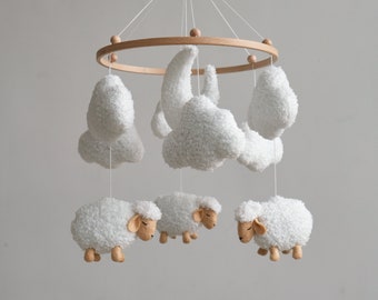 Boucle Sheep Baby Mobile – Neutral Boho Crib Mobile, Farm Animal Nursery Decor, White Baby Mobile, Baby Shower Gift for Boys & Girls