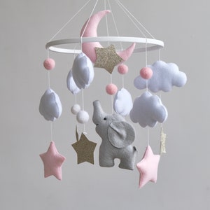 Elephant baby mobile, Girl crib mobile, Baby crib mobile, New baby gift, Pink and gold nursery decor, Cloud nursery mobile, Hanging mobile