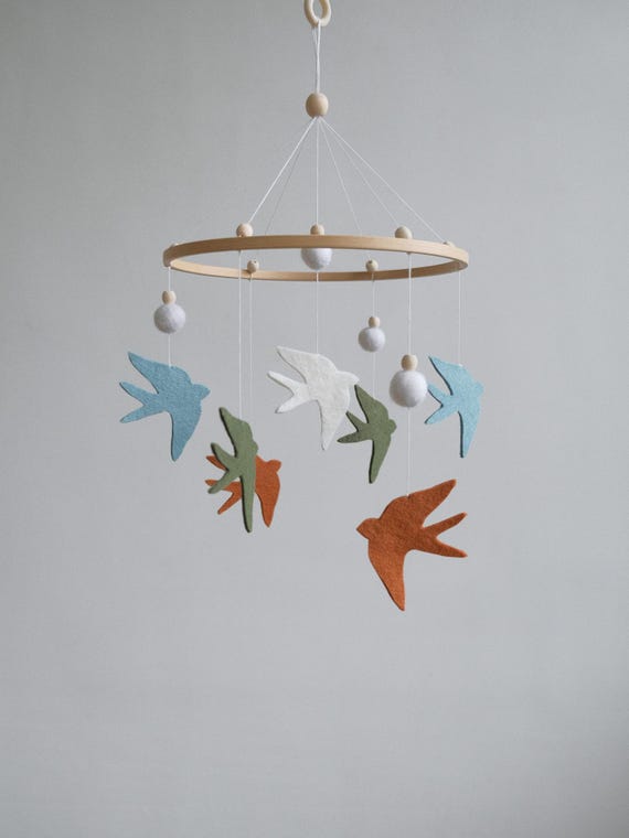 Handmade Bird Baby Mobile, Floral Nursery Decor, Felt Swallow