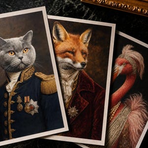 Op de afbeelding: Drie portretprints met antropomorfe dieren: een grijze kat in marine-uniform, een vos in een bordeauxrode jas en een flamingo in een met juwelen versierde jurk. De prints hebben een vintage, koninklijke esthetiek, met gedetailleerde kleding en uitdrukkingen.