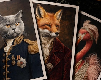 May include: Three portrait prints depicting anthropomorphic animals: a grey cat in a navy uniform, a fox in a burgundy coat, and a flamingo in a jeweled gown. The prints have a vintage, regal aesthetic, with detailed clothing and expressions.