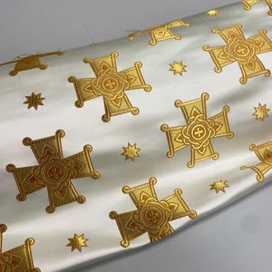 Gold Cross Metallic Liturgical fabric, orthodox vestments,|LYCIAN|, priest brocade 170cm (67"), blue cross ecclesiastical fabric for vesment