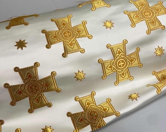 Gold Cross Metallic Liturgical fabric, orthodox vestments,|LYCIAN|, priest brocade 170cm (67"), blue cross ecclesiastical fabric for vesment