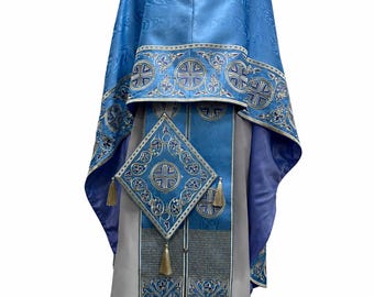 Blue Moire Embroidered Greek Orthodox Priest Vestments – liturgical cassock. Orthodox stole and cuffs, epigonation