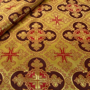 Wreath Brocade Fabric, Metallic Priest Vestment Fabric, 67" Wide, premium quality fabric, ecclesiastical fabric, liturgical fabric Yellow-burgundy-red