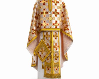 White Gold Greek-style Orthodox priestly vestments. Silk Liturgical vestments. Clergy robe. Liturgical Cassock, Stole and cuffs, epigonation