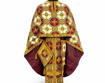 Greek style burgundy vestment. Liturgical greek vestments. Orthodox cloth. Embroidered vestments. Custom made vestments.