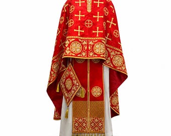 Red Moire Embroidered Greek Orthodox Priest Vestments – liturgical cassock. Orthodox stole and cuffs, epigonation