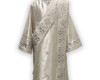 White Embroidered Protodeacon's vestments. Orthodox deacon embroidered sticharion. Greek deacon orarion