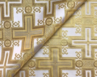 Broccato liturgico metallico dorato con croci, tessuto liturgico reale, tessuto ecclesiastico, 155 cm (61") tessuto non metallico tagliato su misura / metro