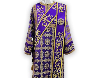 Purple Protodeacon vestments. Embroiered Protodeacon's vestments.Deacon sticharion. Orthodox Orarion. Double orarion. Deacon stole and cuffs