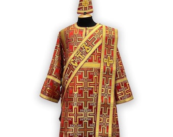 Red Protodeacon's vestments. Protodeacon's sticharion. Orthodox vestments. Orthodox Orarion. Double orarion. Protodeacon stole and cuffs
