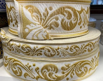 50 m Gallon, |CURL|, Gold ribbon, Vestment ribbon, White and gold trim , Gold Metallic Liturgical Trim, Medieval Jacquard Vestment Braid