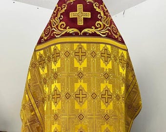 Orthodox Gold Vestments. Slavic orthodox priest vestments. Priest Gold Red Vestments. Liturgical Brocade cassock